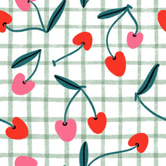 Cherry berries on green gingham, pattern illustration - 525033049