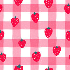 Strawberry on pink gingham checked background, pattern illustration - 525033054