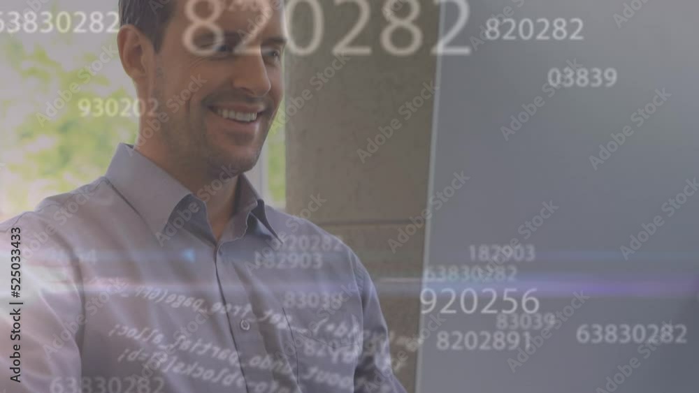 Poster animation of data processing over caucasian man using computer