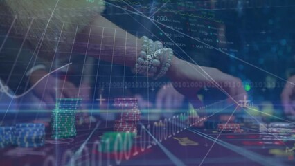 Animation of data processing over caucasian people in casino - Powered by Adobe