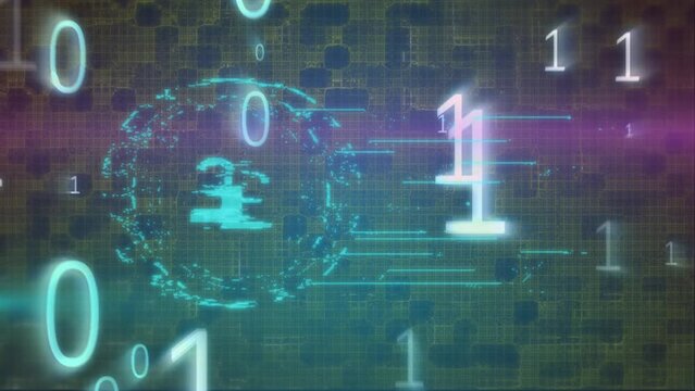 Animation of binary coding over over security padlock icon against blue background