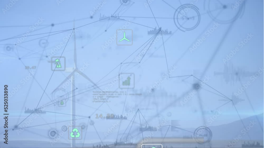 Poster animation of network of connections with data processing over wind turbine