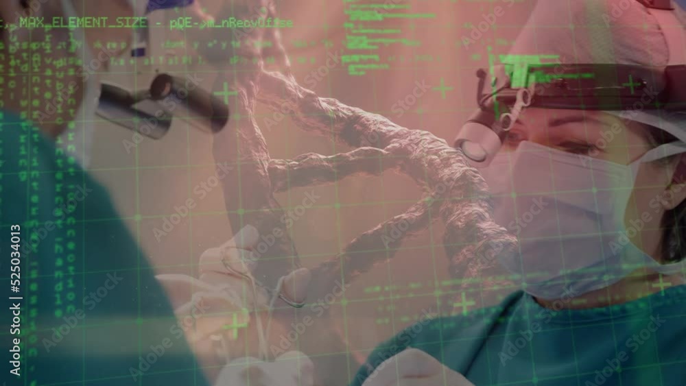 Poster animation of data processing and dna strand over diverse surgeons