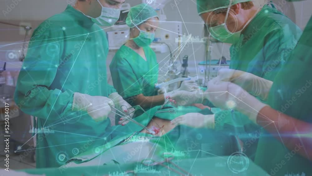 Poster animation of network of connections with data processing over diverse surgeons and patient