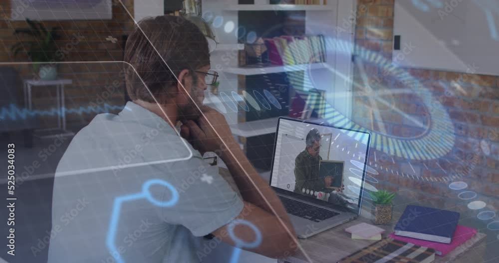 Poster animation of scope scanning and data processing over caucasian businessman using laptop