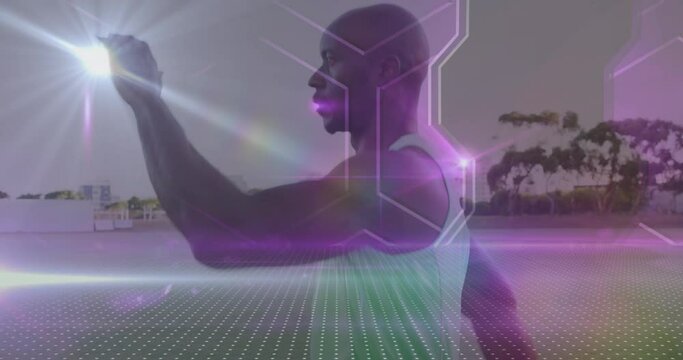 Animation of shapes and light trails over african american man running