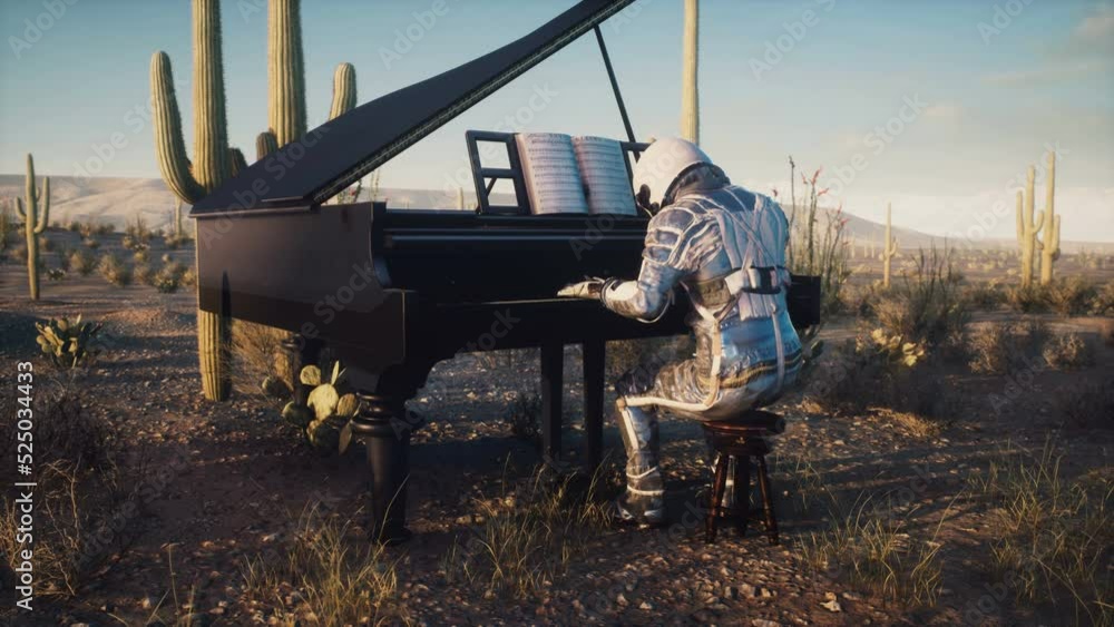 Wall mural an astronaut in the middle of a desolate desert plays jazz on the piano at sunset. concept of the as