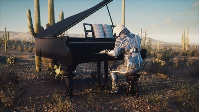 An astronaut in the middle of a desolate desert plays jazz on the piano at sunset. Concept of the astronaut musician. The animation is perfect for space and sci-fi backgrounds