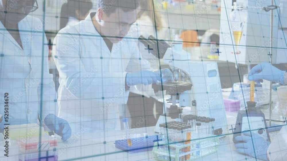 Poster animation of lines over diverse scientists in lab