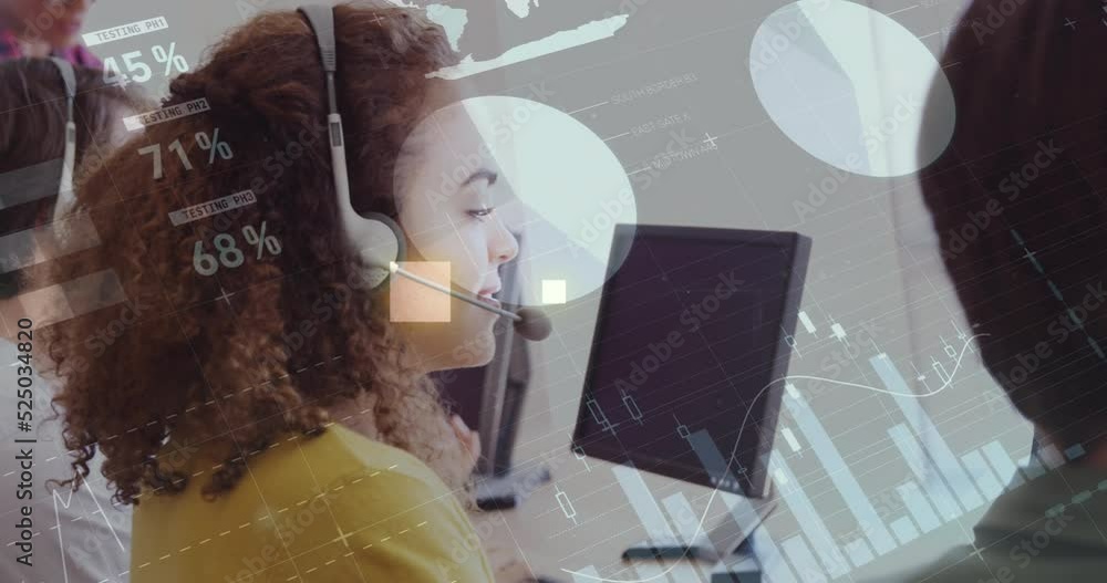 Poster animation of financial graphs and data over happy biracial call center worker