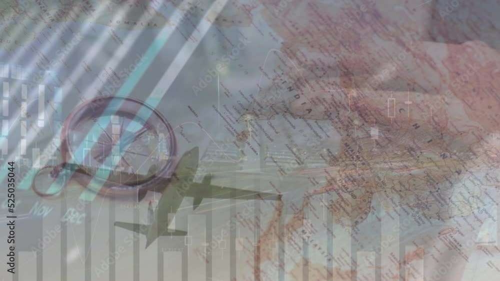 Poster animation of graphs, data and plane over hands of caucasian man typing on keyboard