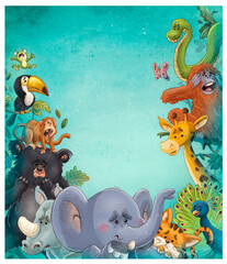 Fototapeta premium Illustration of funny and scared wild animals.