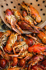 Boiled red crayfish or crawfish with herbs. Crayfish boiling in the pot on the fire