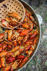 Boiled red crayfish or crawfish with herbs. Crayfish boiling in the pot on the fire