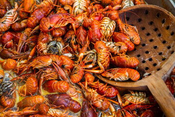 Boiled red crayfish or crawfish with herbs. Crayfish boiling in the pot on the fire