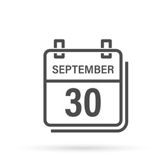 September 30, Calendar icon with shadow. Day, month. Flat vector illustration.