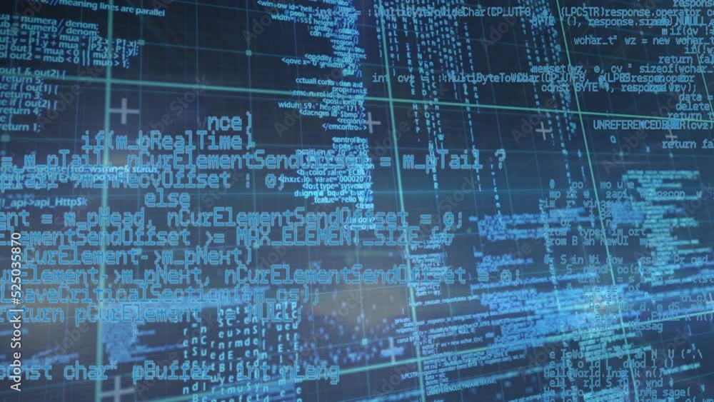 Poster animation of data processing over grid on black background