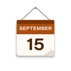 September 15, Calendar icon with shadow. Day, month. Meeting appointment time. Event schedule date. Flat vector illustration.