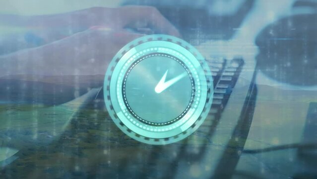 Animation of data processing and clock moving over hands using computer