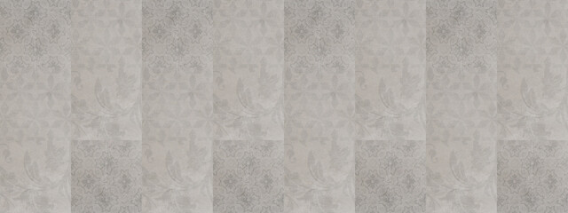 Old gray grey seamless flowers flower vintage geometric shabby mosaic ornate patchwork porcelain stoneware tiles, square mosaic stone concrete cement tile wall texture background pattern panorama. - obrazy, fototapety, plakaty