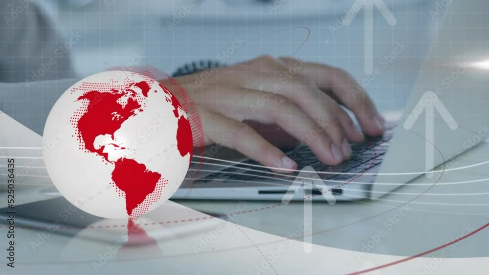 Poster animation of globe over man using tablet