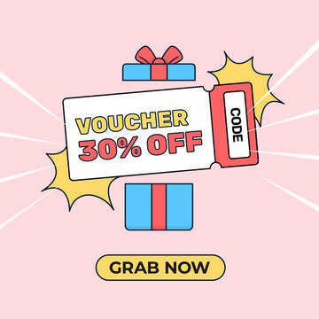 voucher code reward from open gift box online shop social media poster promotion vector flat illustration