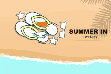 Cyprus summer holiday vector banner, beach vacation, flip flops sunglasses starfish on sand, copy space area