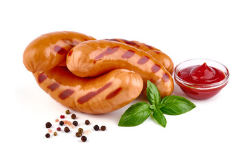 Roasted bavarian sausages with bbq sauce, isolated on white background.