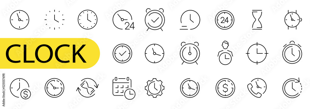 Poster vector time and clock icons set.clocks icon collection design. horizontal set of analog clock icon s