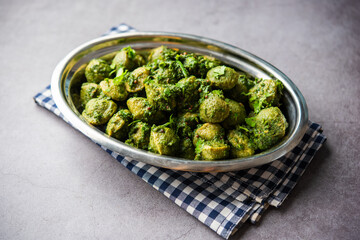 Soya Chunks Palak curry also known as Spinach Soyabean chunks sabzi or sabji, Healthy Indian food