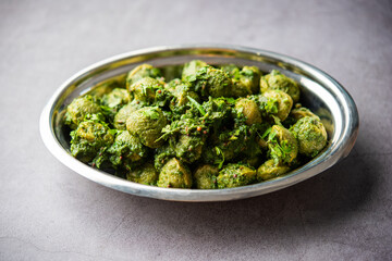 Soya Chunks Palak curry also known as Spinach Soyabean chunks sabzi or sabji, Healthy Indian food