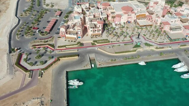 Aerial Reveal shot of Sombay marina in Red Sea