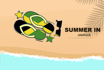 Jamaica summer holiday vector banner, beach vacation, flip flops sunglasses starfish on sand, copy space area