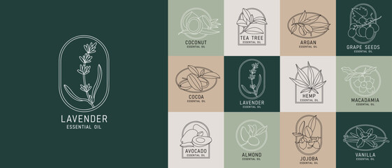 Fototapeta premium Vector set design templates and emblems - healthy and essential cosmetics oils. Different natural, organic oils. Logos in trendy linear style.