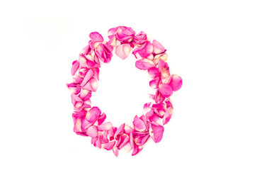number 0 made from pink petals rose. Pink roses. Element for decoration.