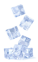 Ice cubes fall on a pile on a white background. isolated