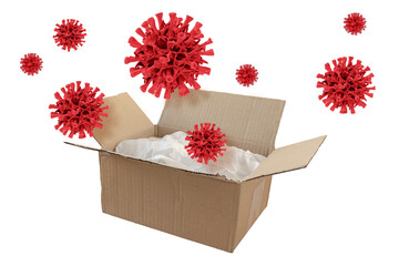 Opened cardboard shipment package box and virus cells. Transmission of the infection medical concept. Isolated transparent png.