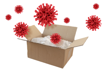 Opened cardboard shipment package box and virus cells. Transmission of the infection medical concept. Isolated transparent png.