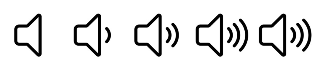 Volume icons set. Sound volume icons. Black volume audio icons. Speaker volume symbol. Vector illustration - obrazy, fototapety, plakaty