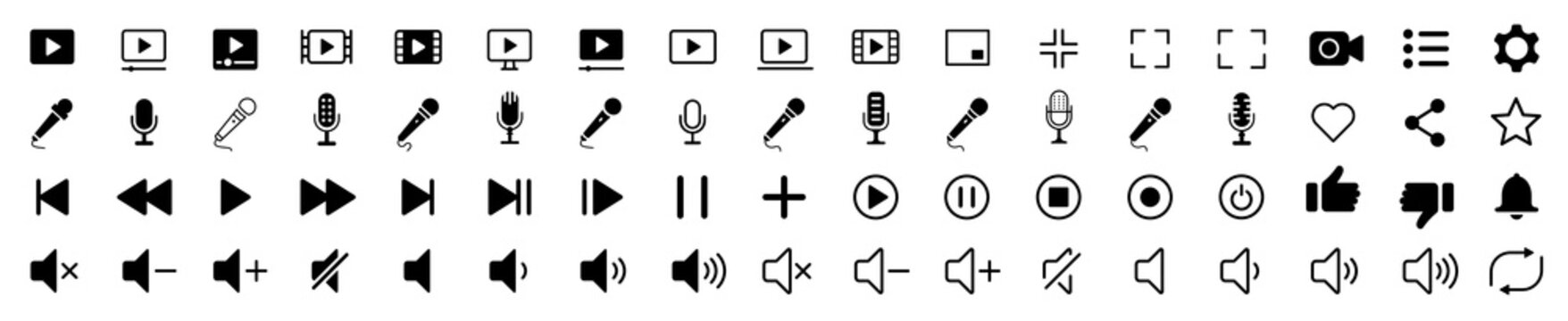 Media player icons set. Volume Collection of multimedia symbols and audio, music speaker volume, interface, design media player buttons. Play, pause, stop. Vector illustration