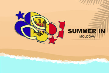 Moldova summer holiday vector banner, beach vacation, flip flops sunglasses starfish on sand, copy space area