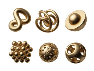 3d rendering. Different geometric golden shapes collection. Modern minimal metal objects. Icons set isolated on transparent background