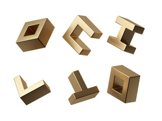 Obraz premium 3d rendering. Different geometric golden shapes collection. Modern minimal metal objects. Icons set isolated on transparent background