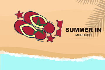 Morocco summer holiday vector banner, beach vacation, flip flops sunglasses starfish on sand, copy space area