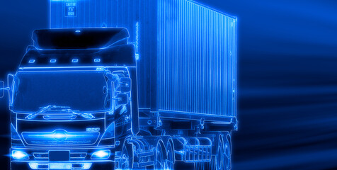 Fast delivery truck on dark blue background. Truck transport. Semi trailer container. Logistic industry. Freight transportation. Futuristic truck with autonomous driving concept. Cargo and shipping.