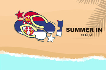 Serbia summer holiday vector banner, beach vacation, flip flops sunglasses starfish on sand, copy space area