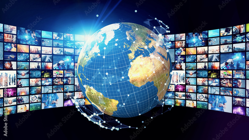 Aufkleber visual contents concept. broadcasting. streaming video. communication network.