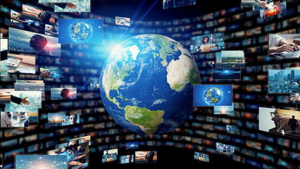 Visual contents concept. Broadcasting. Streaming video. communication network.