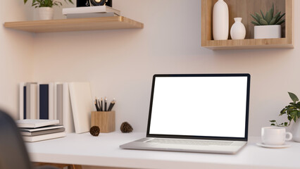 White office desk or woking table with notebook laptop mockup, wooden shelves on white wall