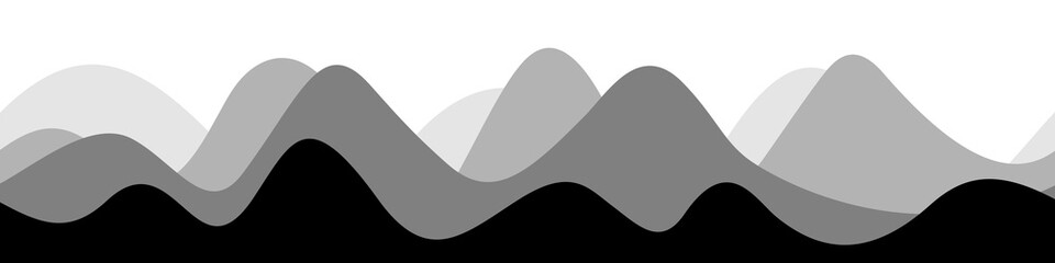 Grayscale waves on white background. Landscape with hills. Vector illustration.